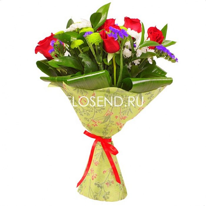 Букет из белых хризантем и красных роз, фото 3